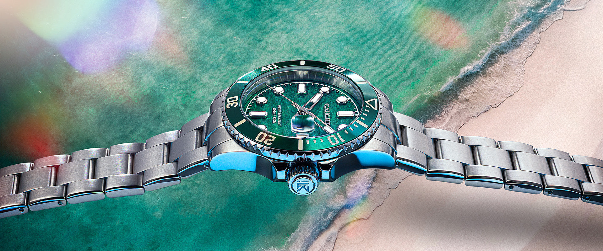 Sea voyager green dial dive watch with rotating bezel on a beach background | caught watches