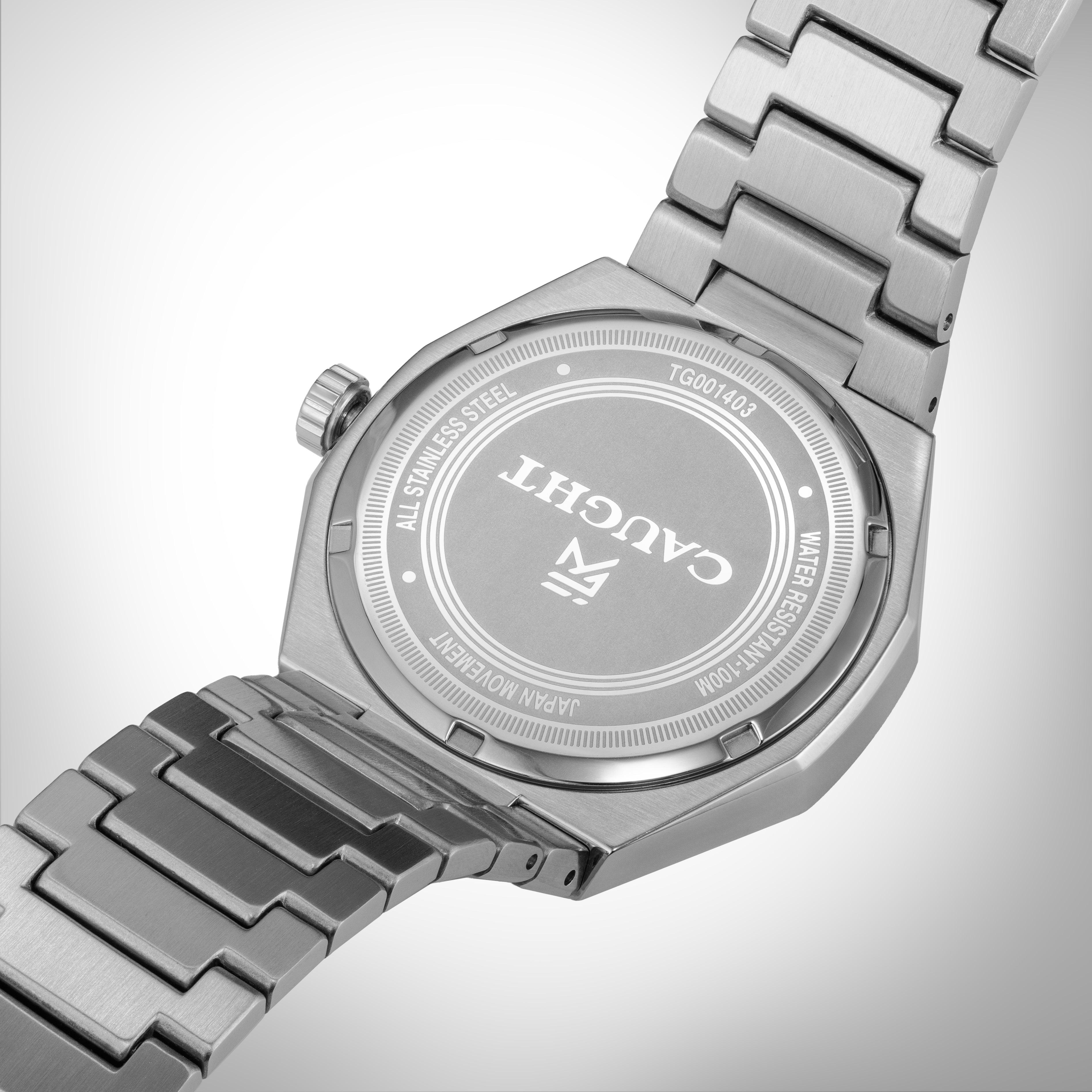 Arcana watch stainless steel band with polished links, case back engraved with CAUGHT logo.