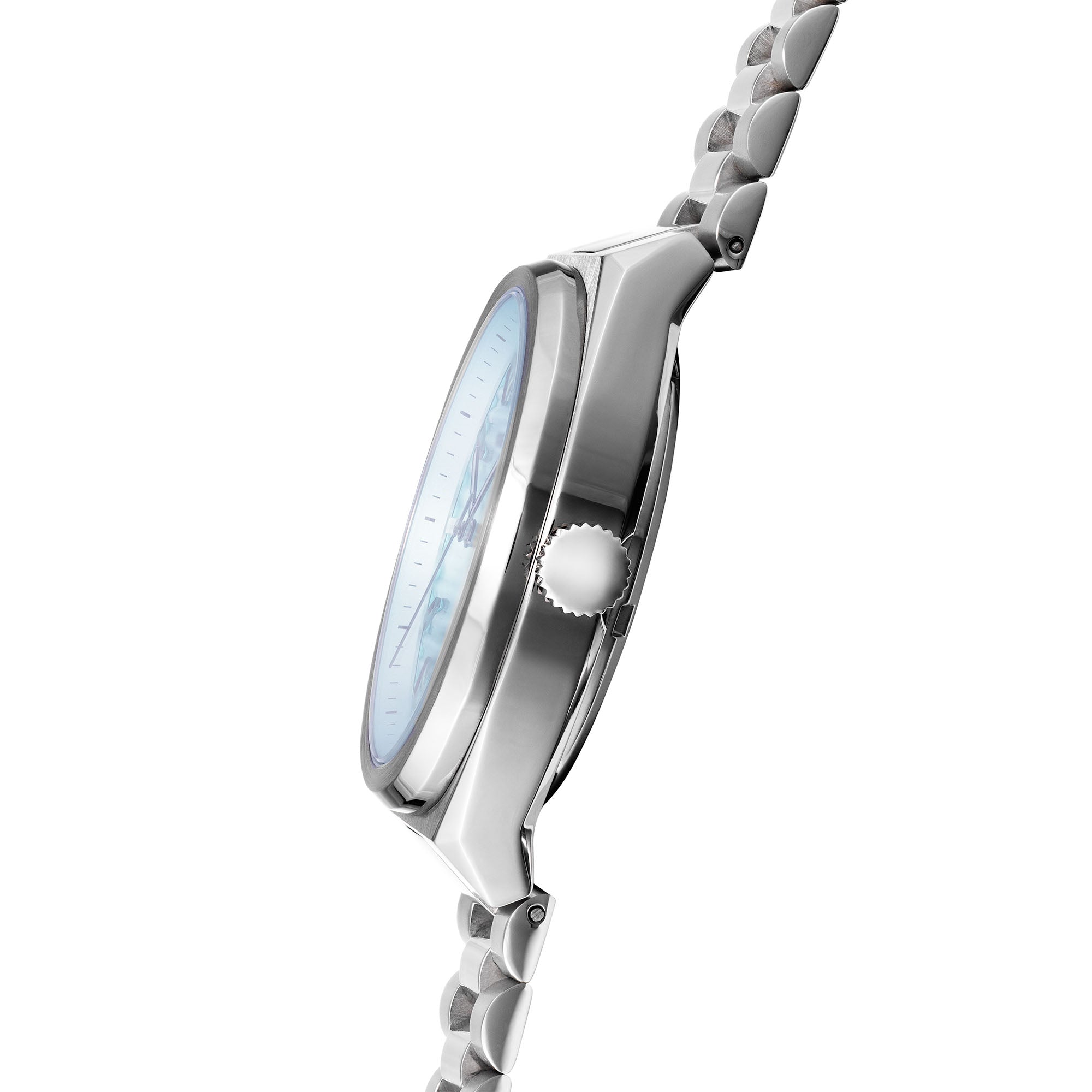 Epoch watch-polished stainless steel crown and case side.