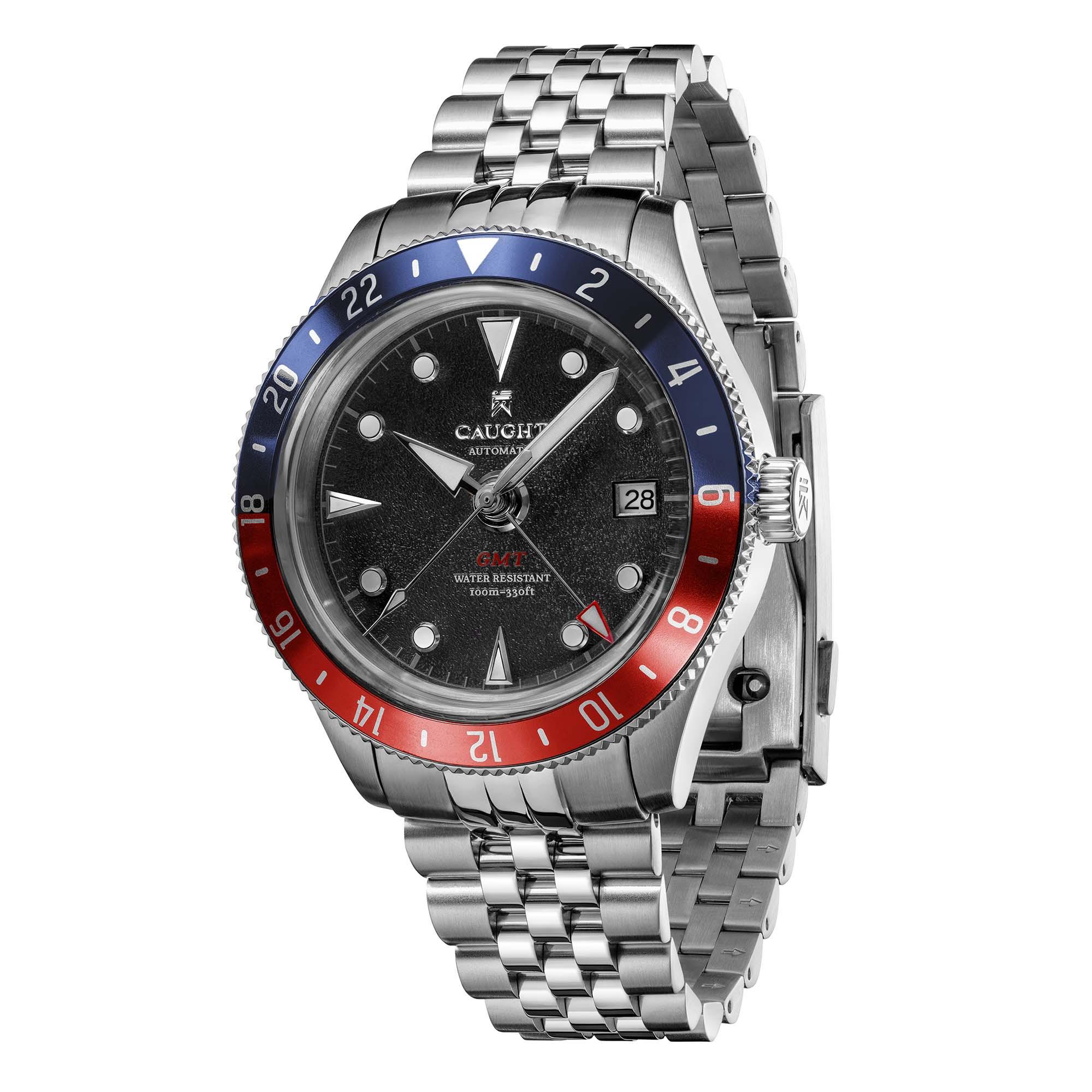 Nomad-Blue/Red GMT men's watch with silver steel bracelet, traveler’s space-time companion watch