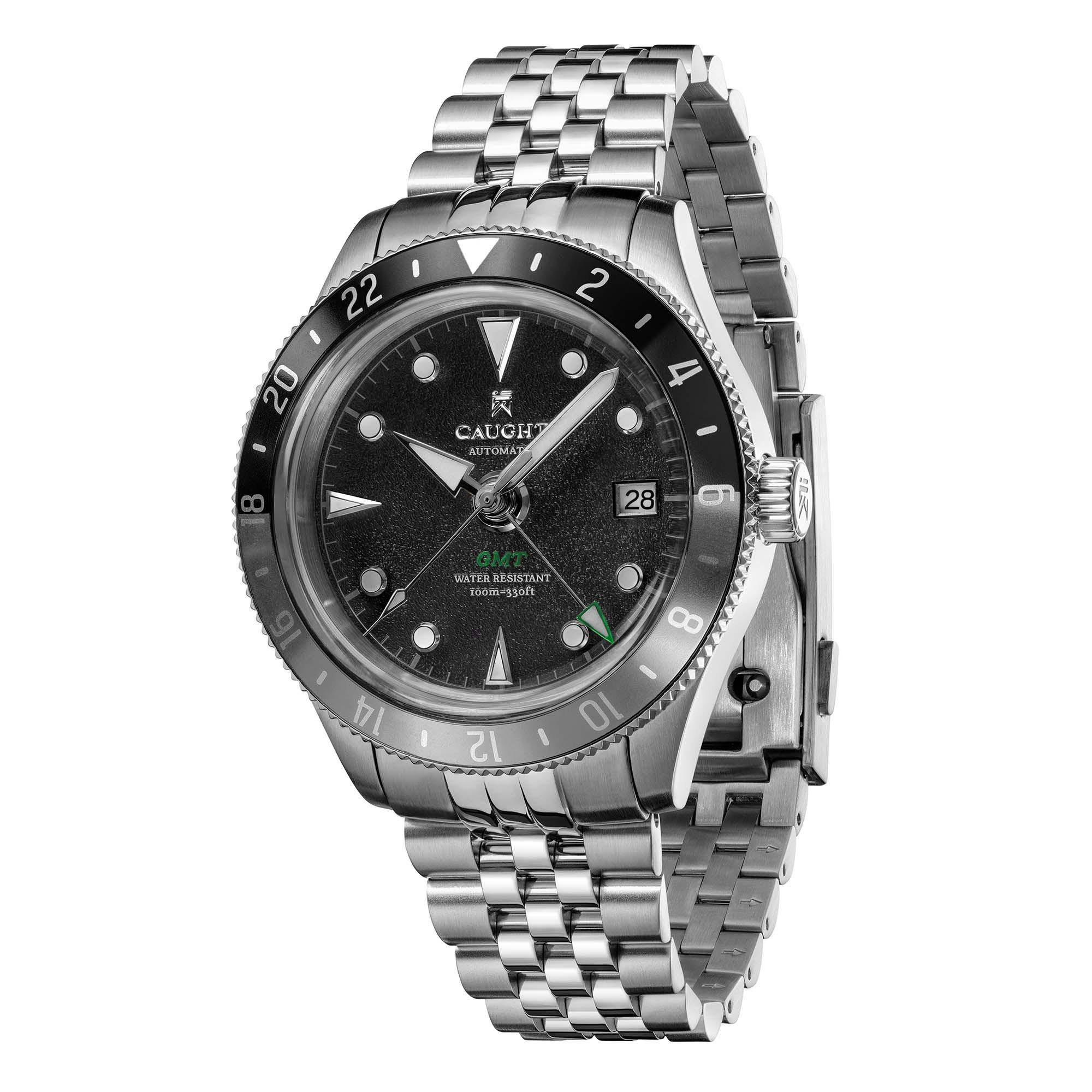 Nomad-Black GMT men's watch with silver steel bracelet, automatic movement, Sport & Business style.