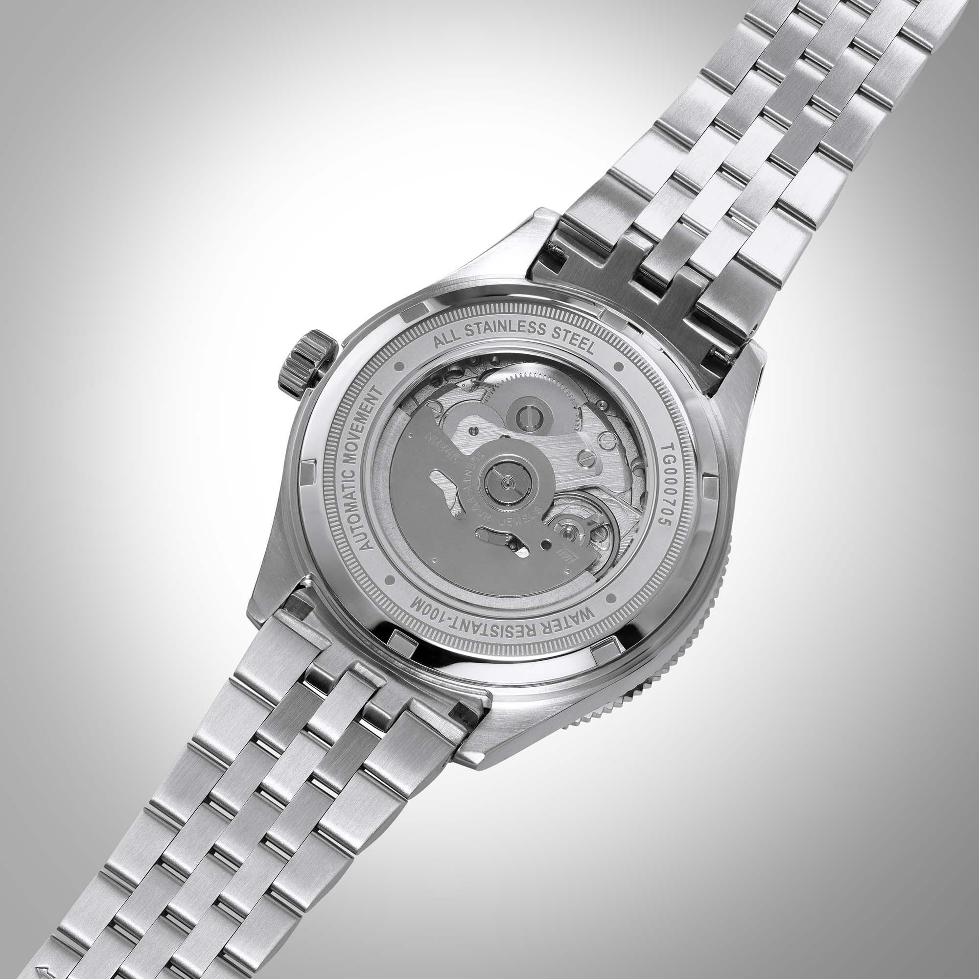 Nomad- Blue/Red GMT watch, mechanical movement,100m water resistant, transparent case back.