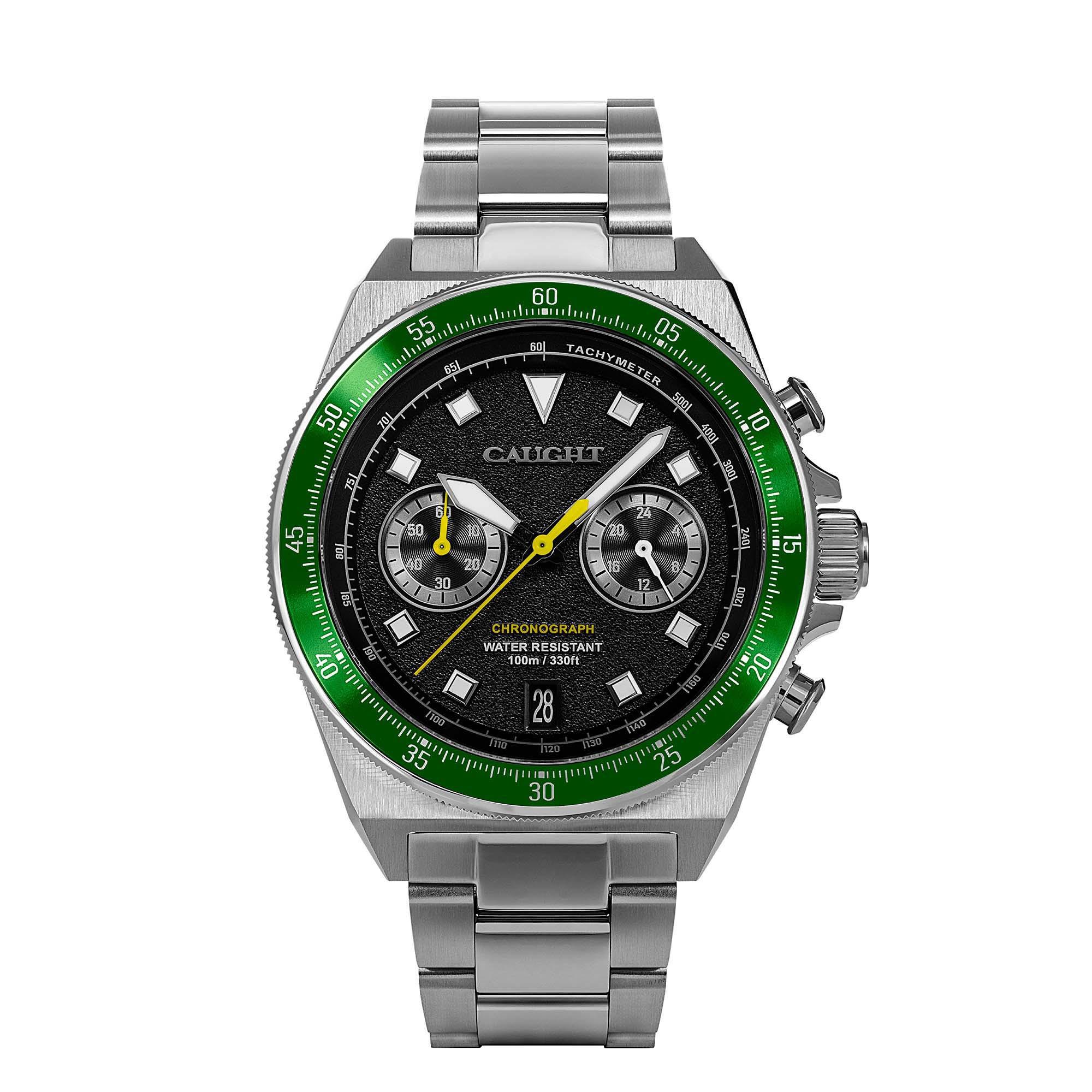 Sport chronograph waterproof stainless steel watch with green bezel and black dial