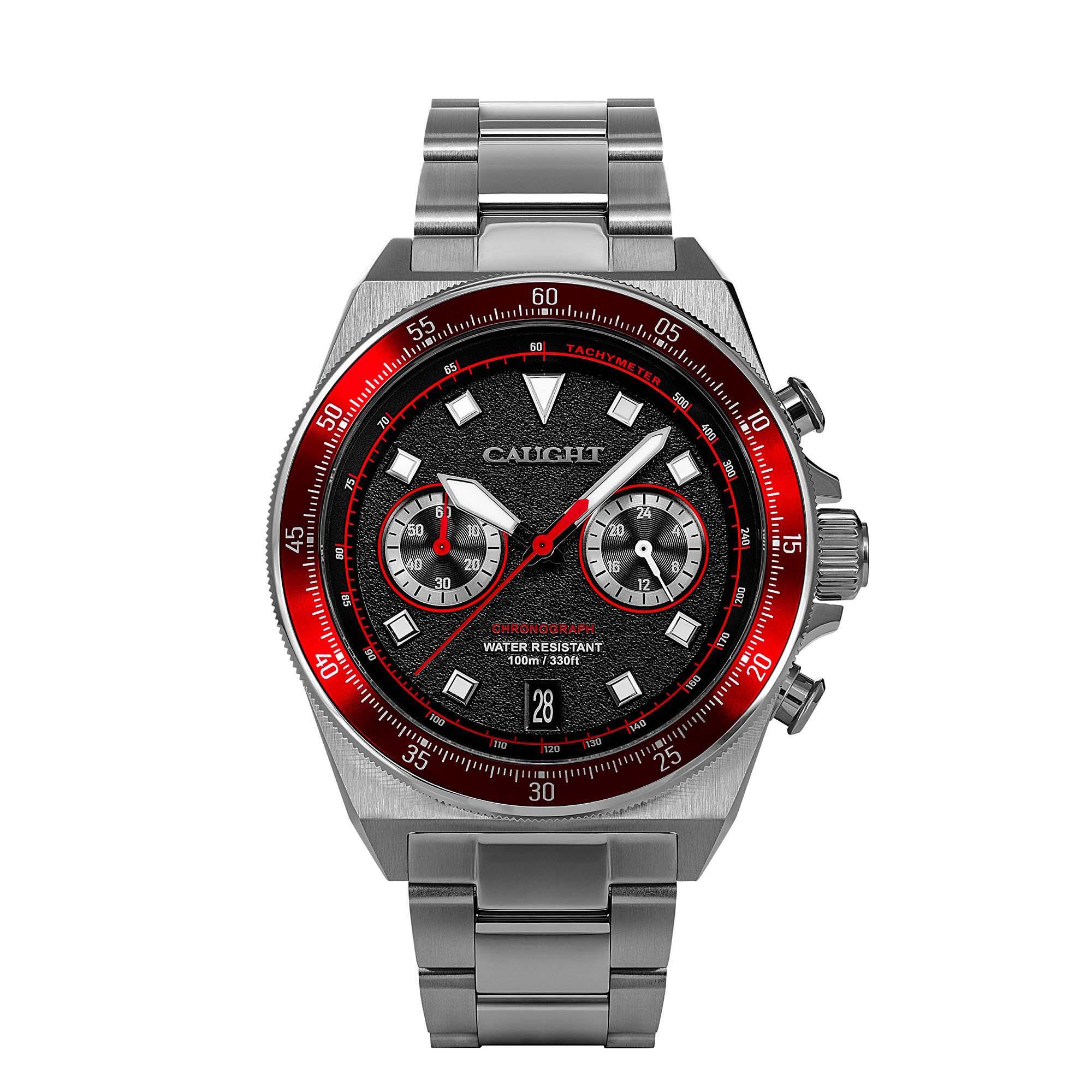 Caught ' s velocity racing watch with a red and black dial
