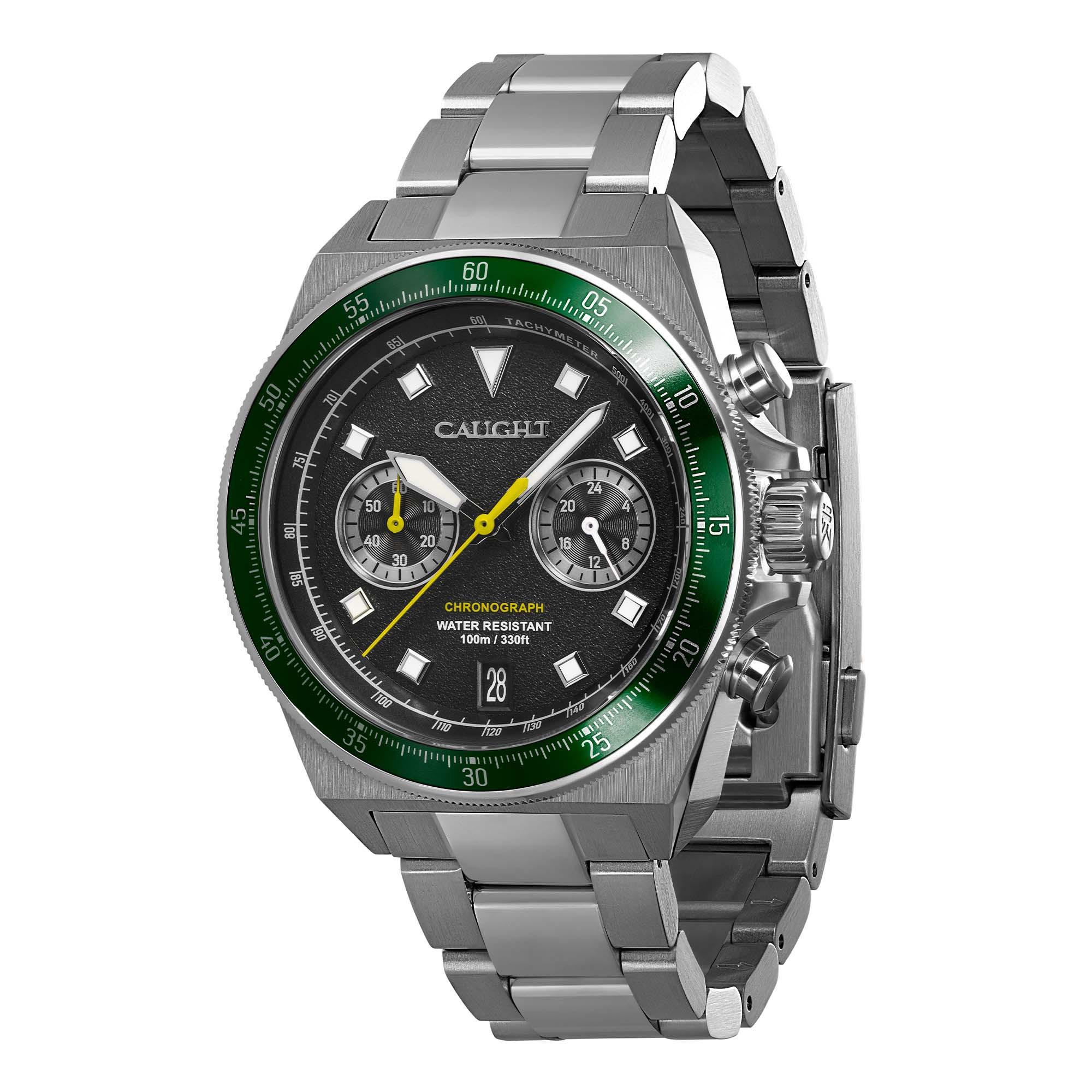 velocity watch-green rotating bezel-100m water resistant-Asphalt texture black dial-Includes two tachymeter dials