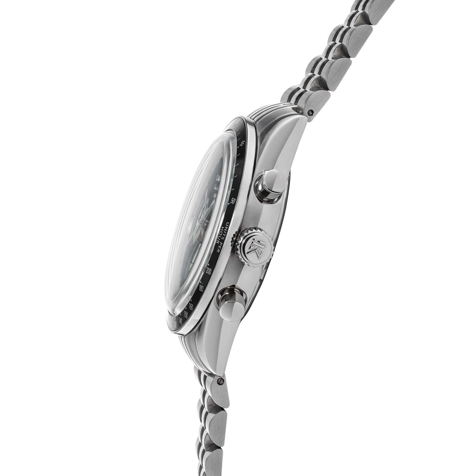 Grand Slammer 1959 screw-down crown with knurling, engraved logo & 100m water resistance – precision engineering.