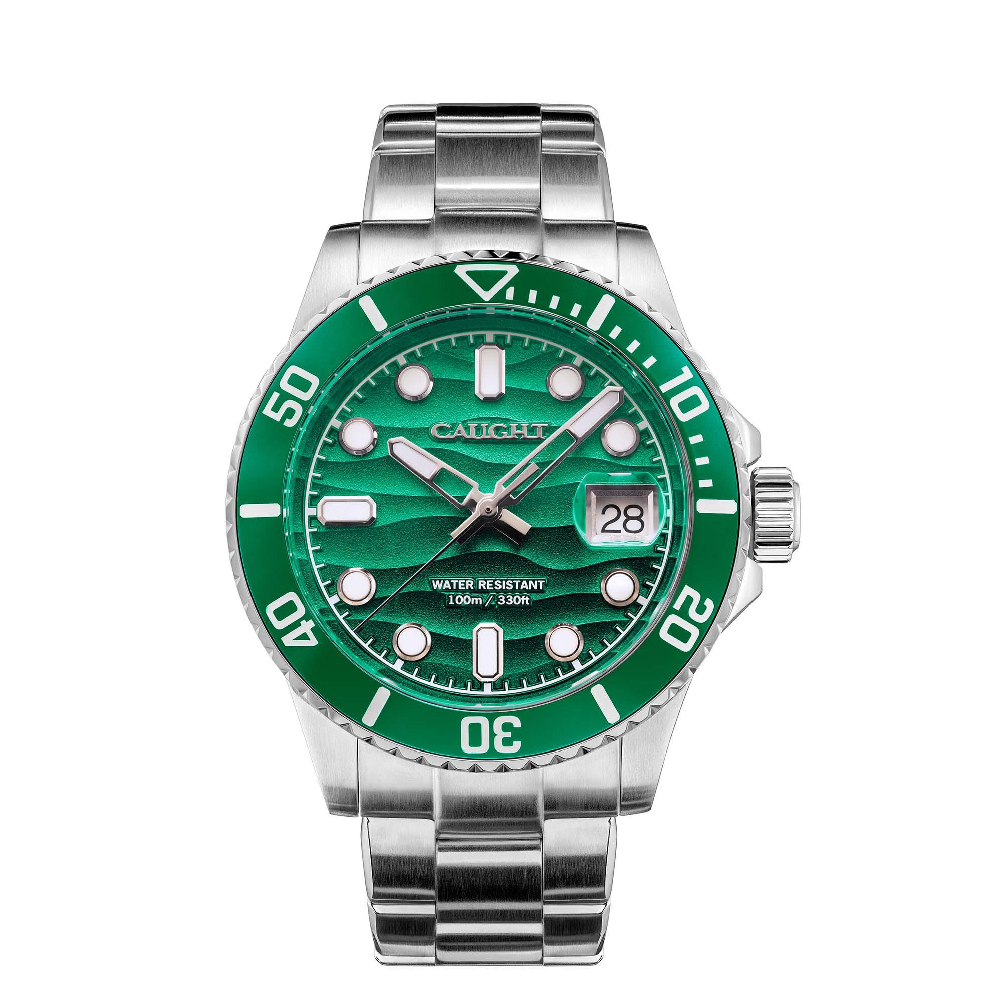 Green watch with silver case/stainless steel watch/dive watch