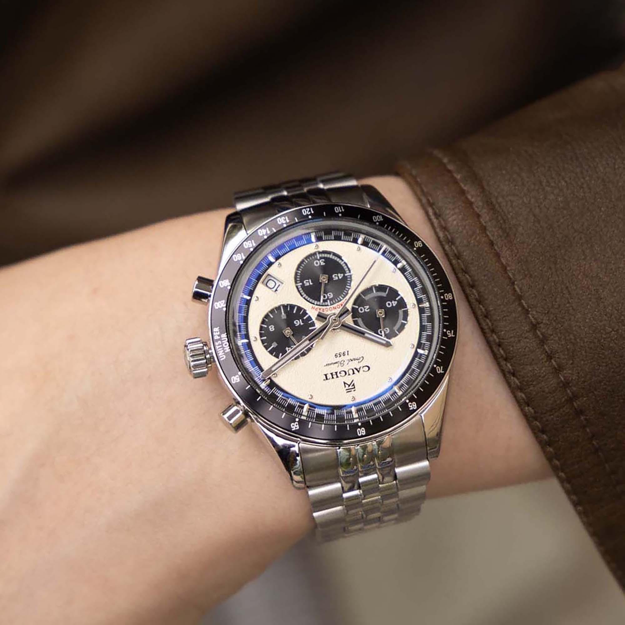 Lifestyle Wear Display Photo of CAUGHT Grand Slammer Watch – White Dial Men’s Watch Paired with Casual Coffee Scene