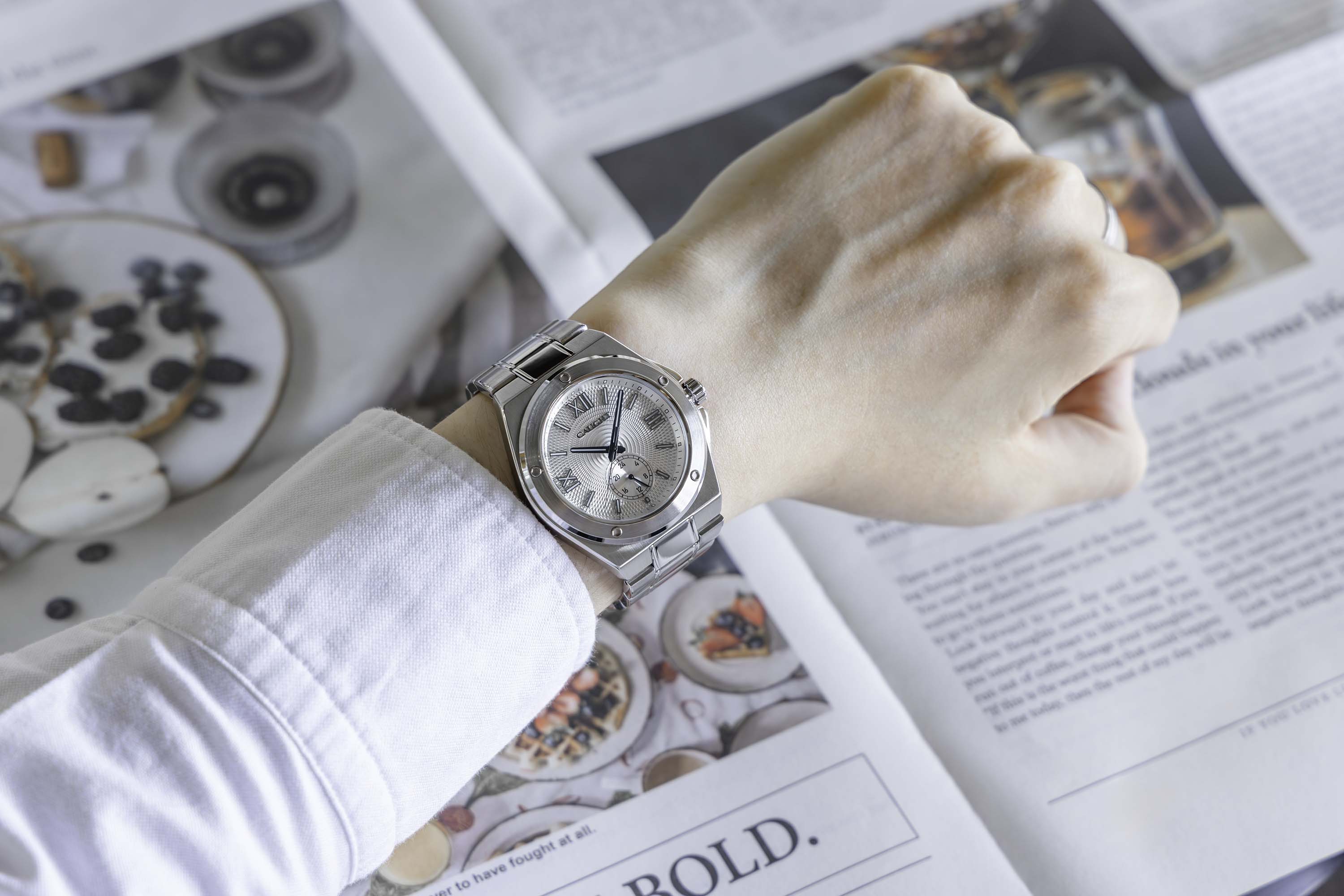 Pillarix watch wearing display, casual style, exclusive for fashionable gentlemen.