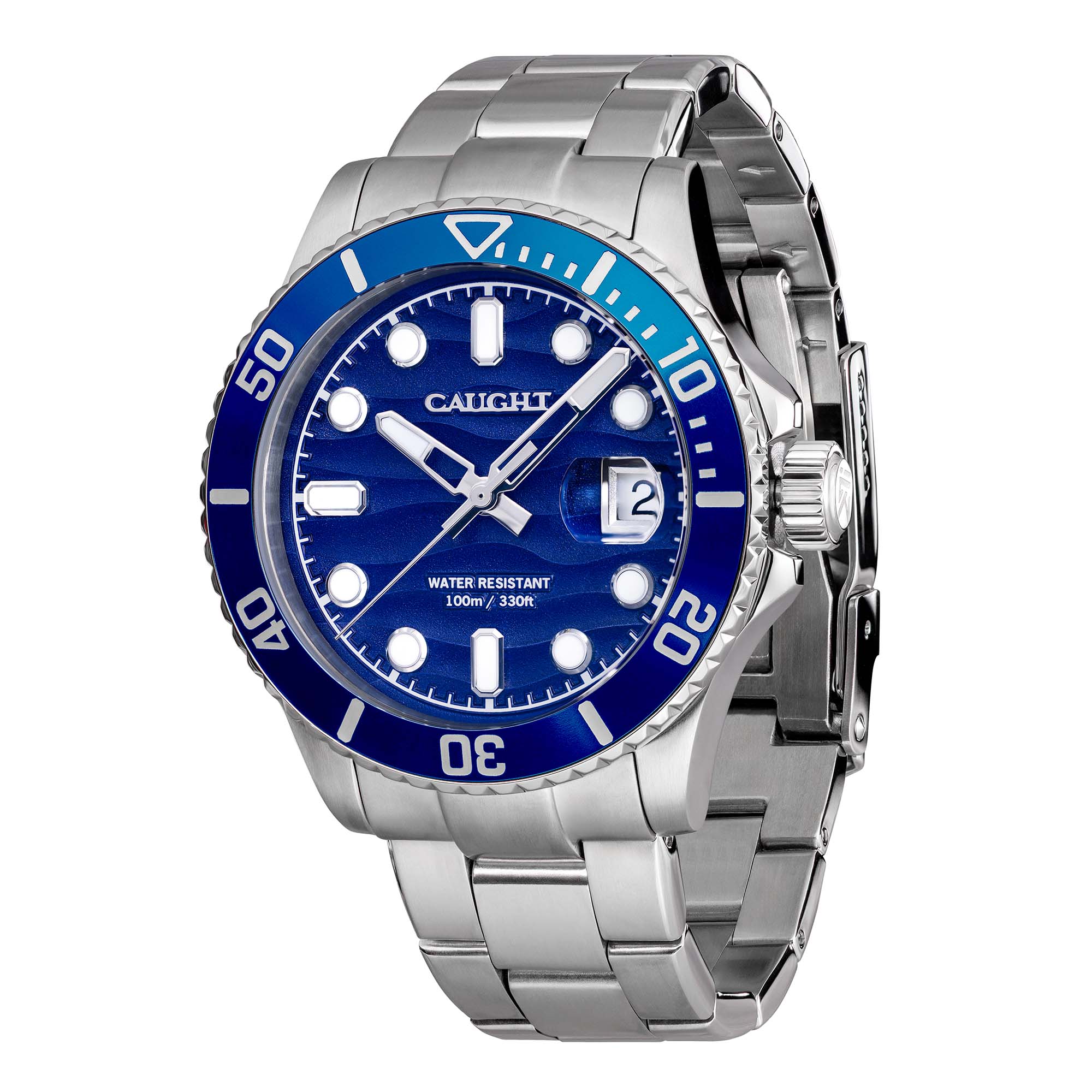 Sea Voyager dive watch with a blue dial, stainless steel strap