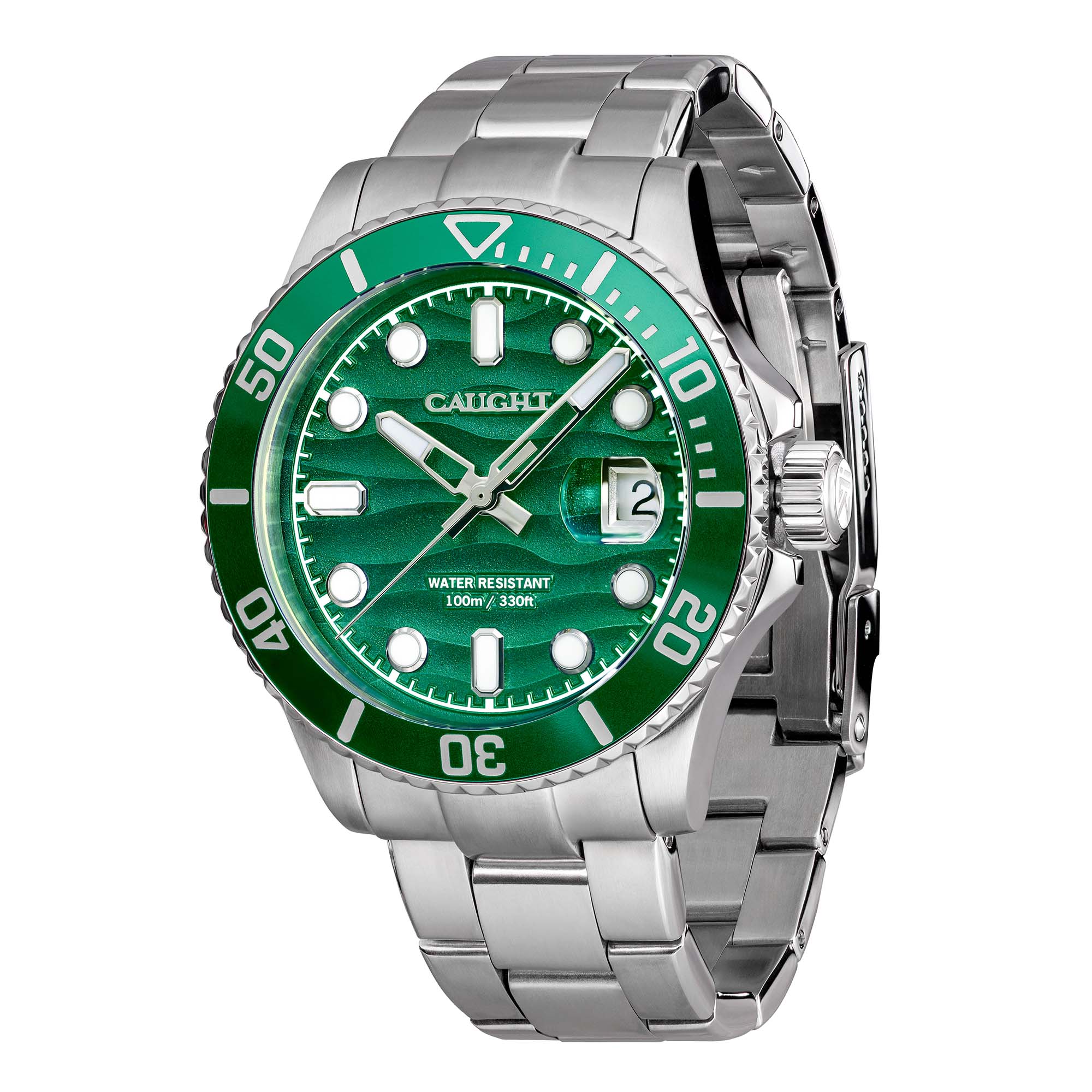 Watch with green dial and silver stainless steel strap