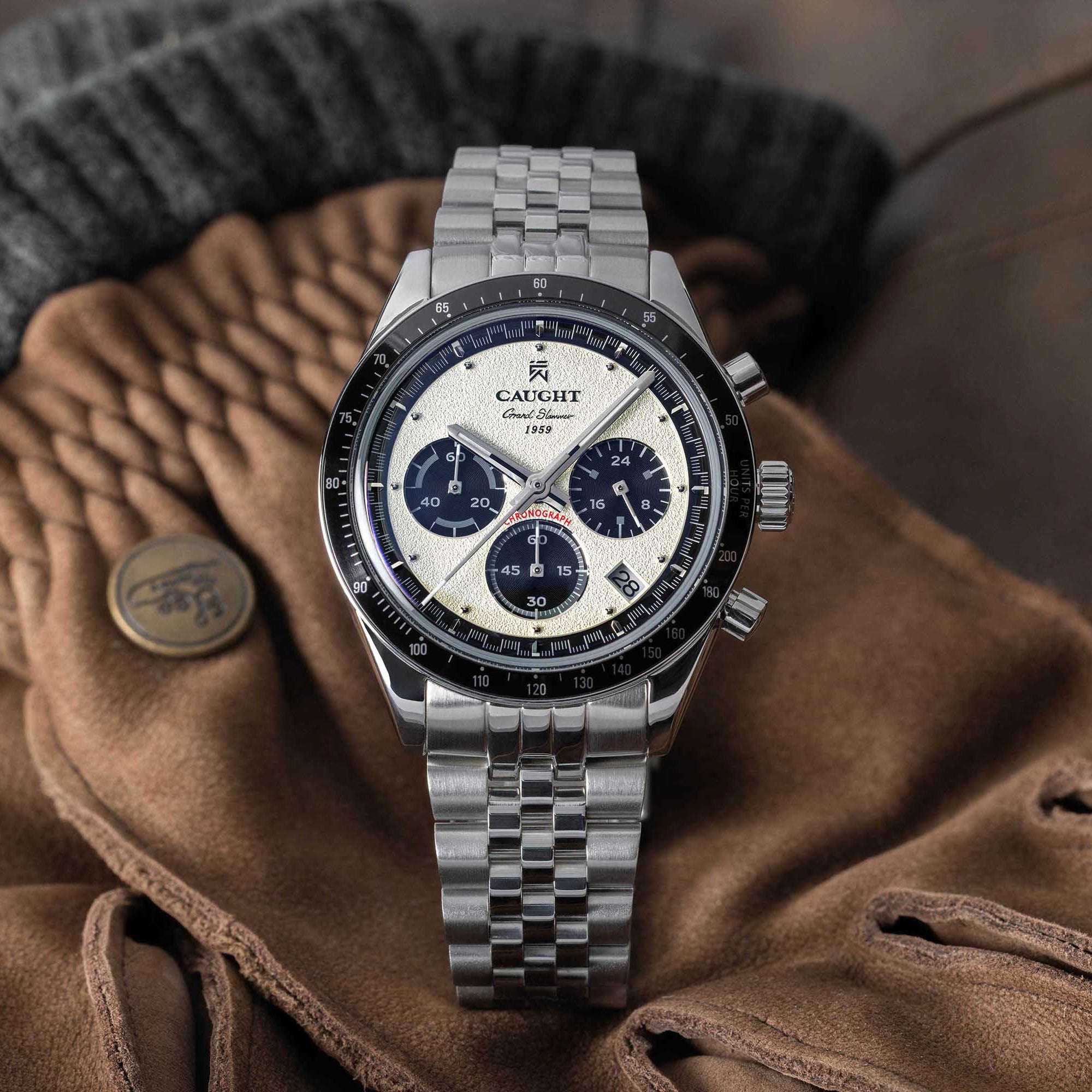 CAUGHT Grand Slammer Daytona “Homage” Watch – White Dial Racing-Inspired Design, Steel Strap Luxury Wristwatch