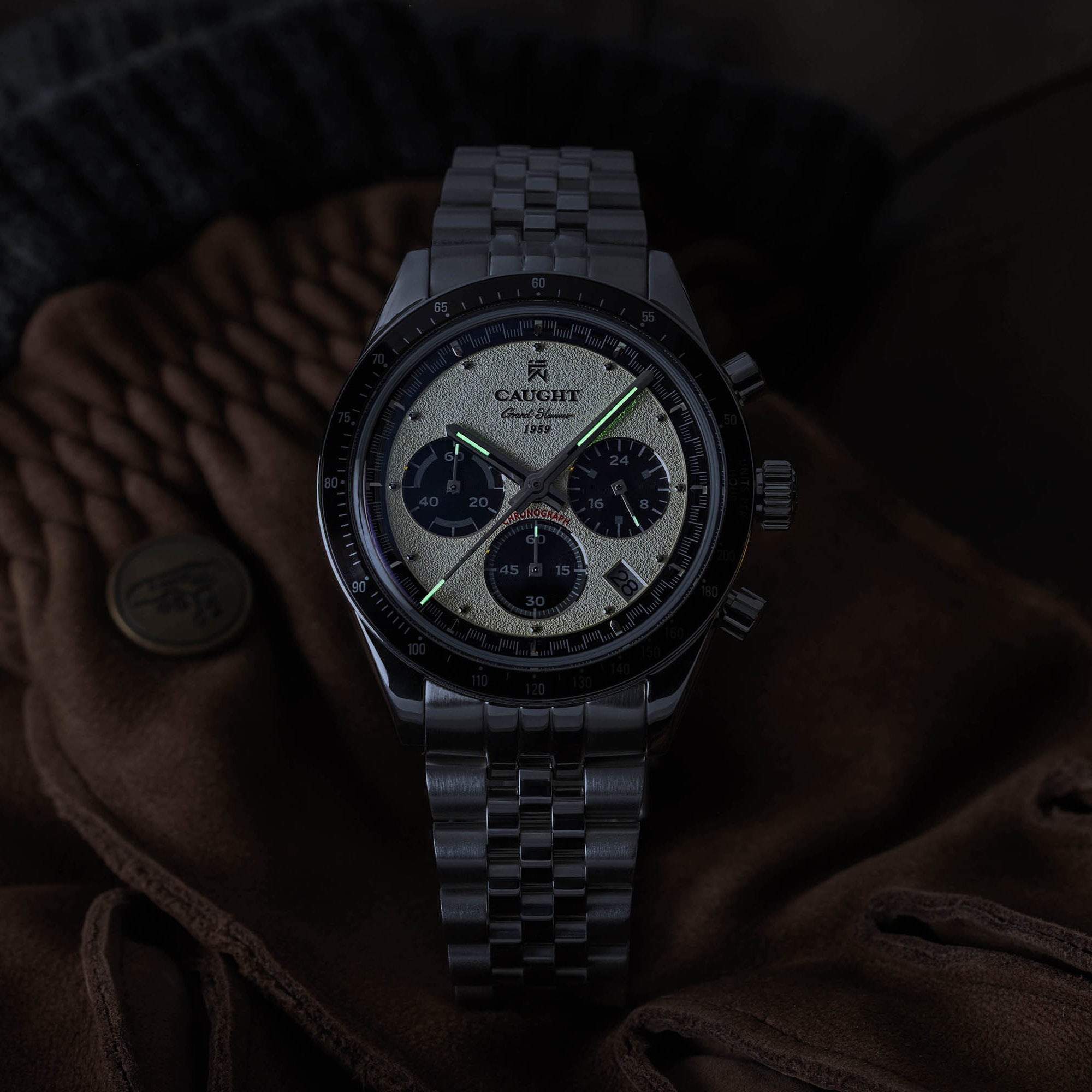 CAUGHT Grand Slammer Automatic-Style Watch – White Dial Image At Night