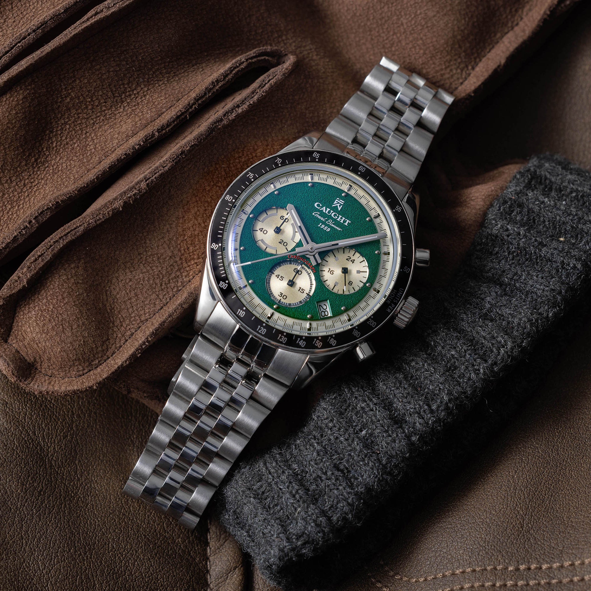 CAUGHT Grand Slammer Daytona “Homage” Watch – Green Dial Racing-Inspired Design, Steel Strap Luxury Wristwatch