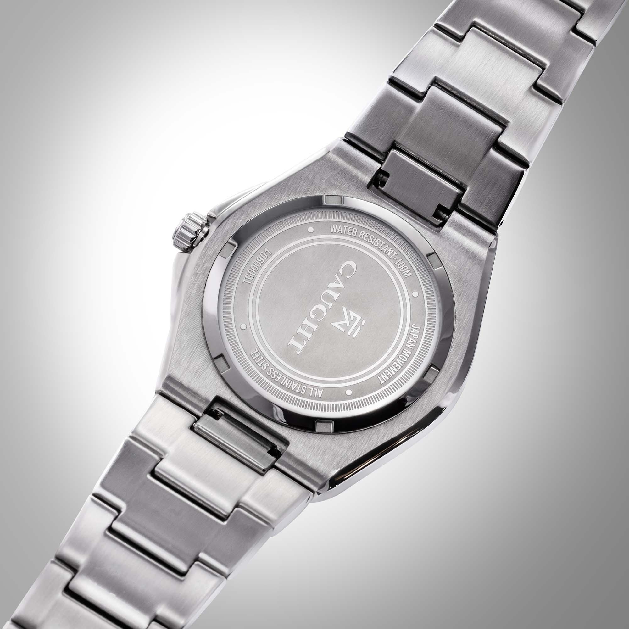 Pillarix watch with stainless steel case back printed with CAUGHT brand name and LOGO.