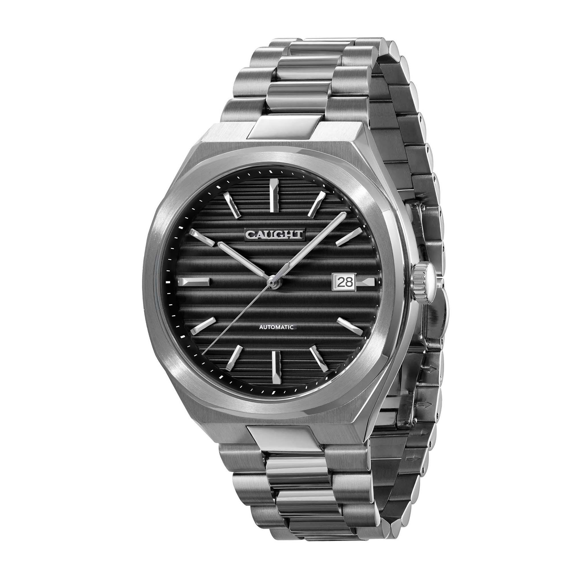Epoch Watch-Side view of men's steel wristwatch showing black ridged dial and brushed case design.