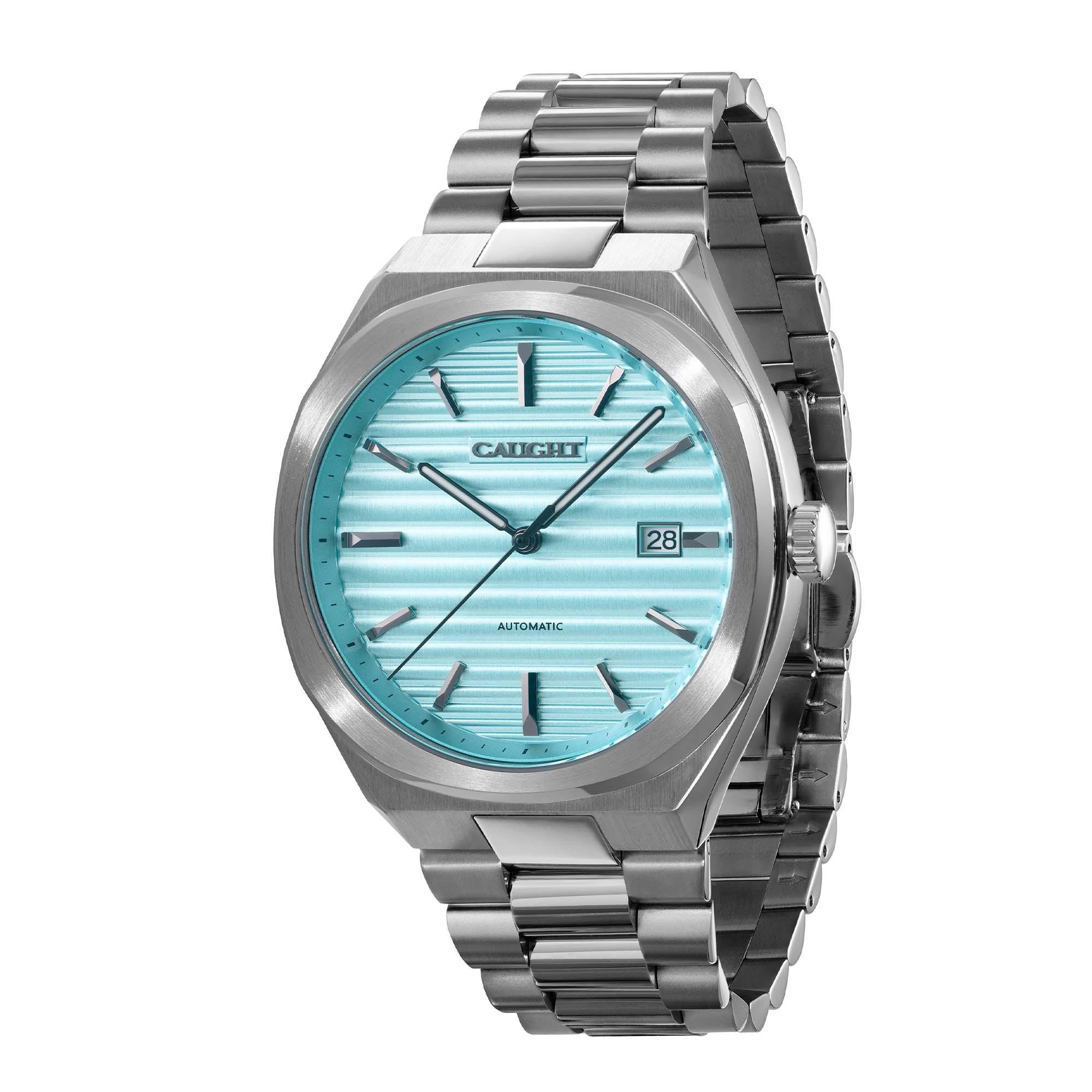 Epoch Watch-men's steel wristwatch showing baby blue cigar ridged dial and brushed case design