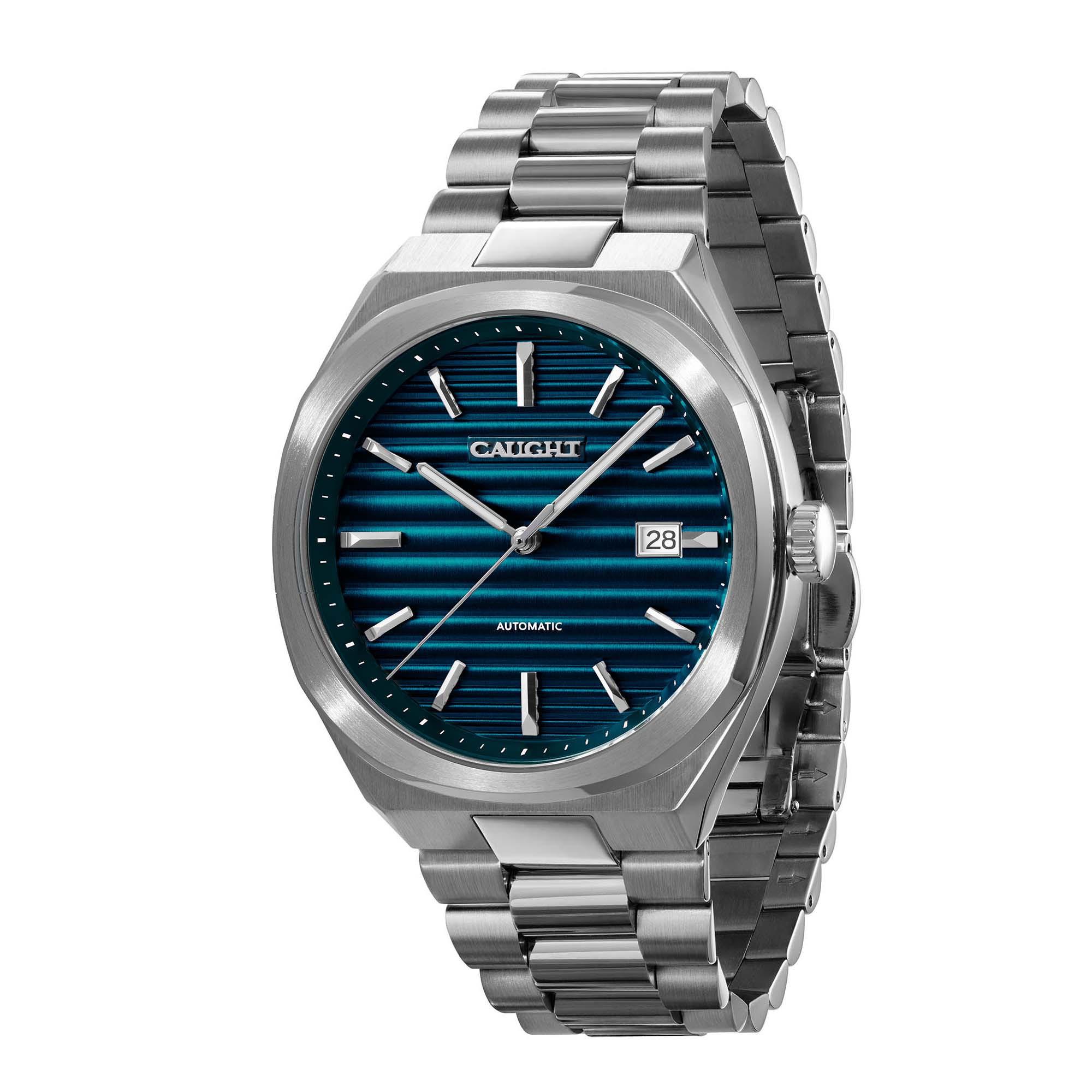 Epoch Watch-men's steel wristwatch showing deep blue cigar ridged dial and brushed case design