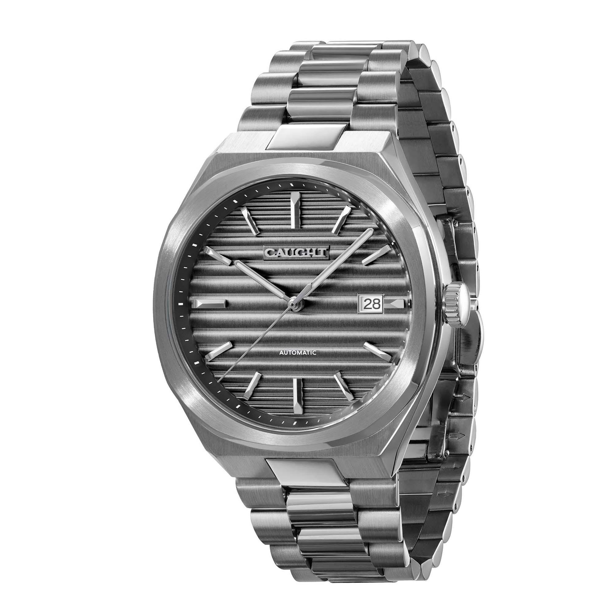 Epoch Watch-men's steel wristwatch showing Cool Grey cigar ridged dial and brushed case design