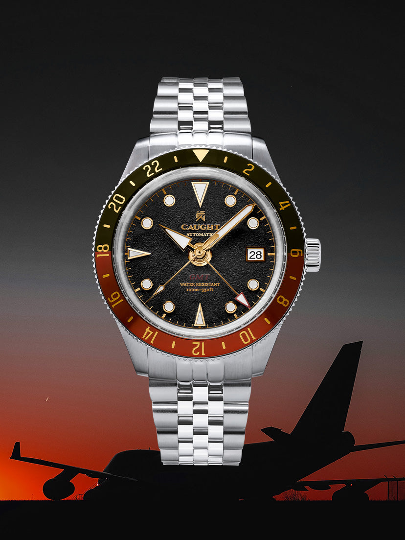 Nomad Collection Black + Red Rotating Bezel Black Dial Watch View - Caught GMT Watch
