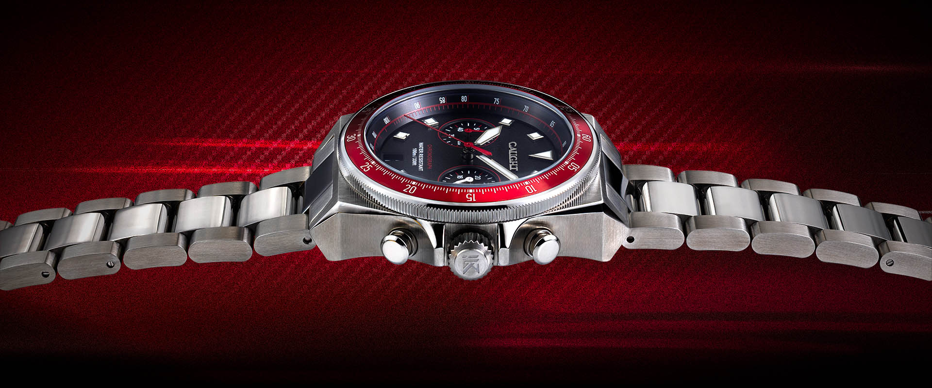 Velocity black racing watch with red rotating bezel |  caught watches