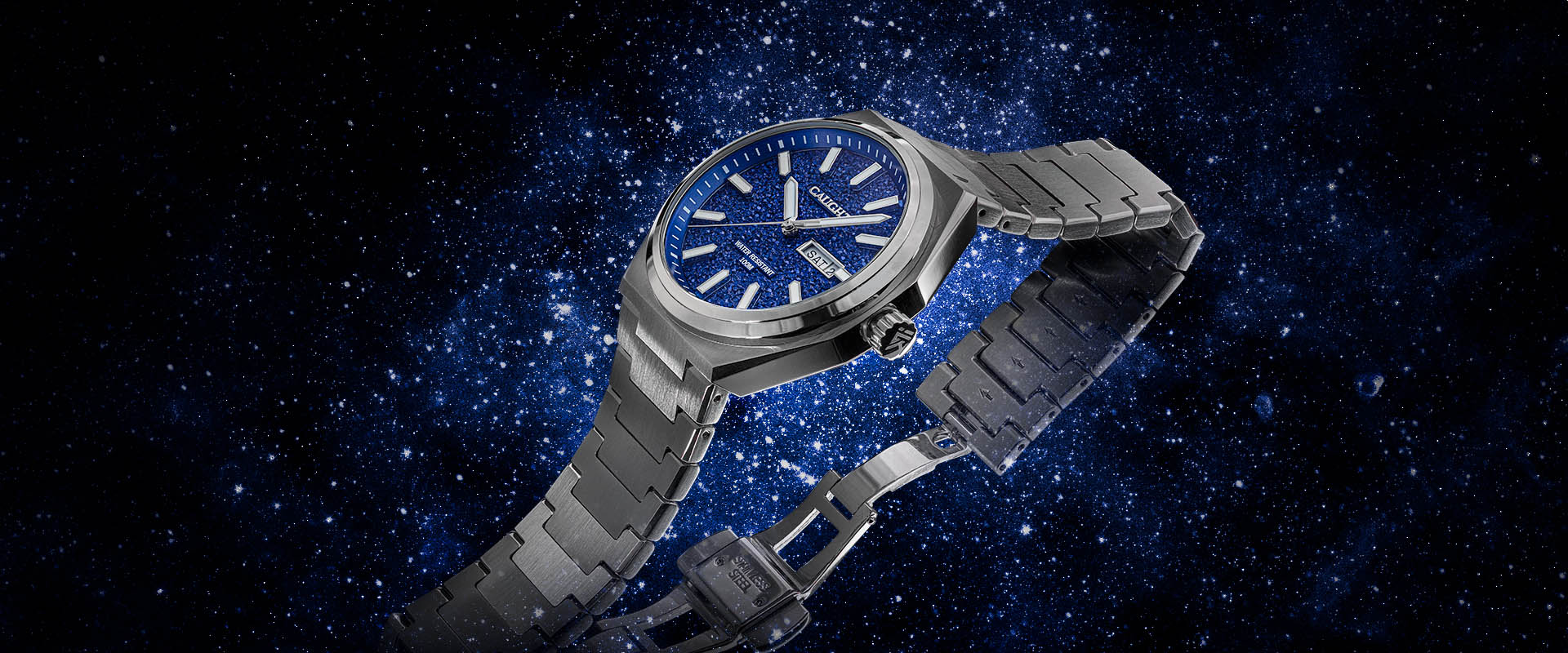 Arcana luxury watch with stainless steel strap against a starry night sky background