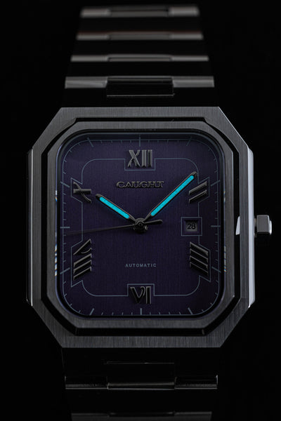 Monarch purple dial watch with date display and refined retro geometric design aesthetics