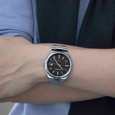 Epoch Black Dial Watch Styled For Casual Wear Featuring Time Aged Cigar Roll Texture And Stainless Steel Case