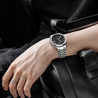 Epoch Black Dial Gentlemen Watch Designed For Everyday Elegance With Textured Dial And Polished Steel Finish