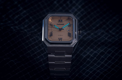 Monarch salmon dial watch featuring warm tones and refined retro geometric design aesthetics