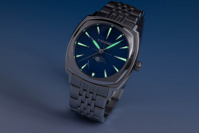 Lucent Navy Blue watch With Luminous marks & showcasing moonphase display and premium steel case