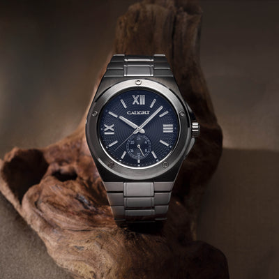 PILLARIX Steel Black Watch Featuring Roman Numeral Dial Design And Sub-dial Layout With Precision Japanese Movement