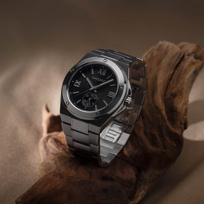 PILLARIX Black Dial Roman Style Watch Showcasing Architectural Dial Depth, Sub-dial Layout And Reliable Japanese Movement