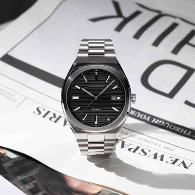 EPOCH Vintage Style Watch On Newspaper Featuring Polished Stainless Steel Dial And Timeless Design