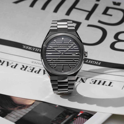 EPOCH Grey Watch With Time Aged Cigar Roll Dial On Newspaper Featuring Polished Stainless Steel Finish