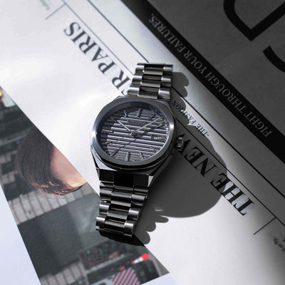 EPOCH Vintage Style Watch On Newspaper Featuring Polished Stainless Steel Dial And Timeless Design