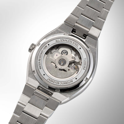 Epoch watch stainless steel band with polished links, see-through case back with automatic movement