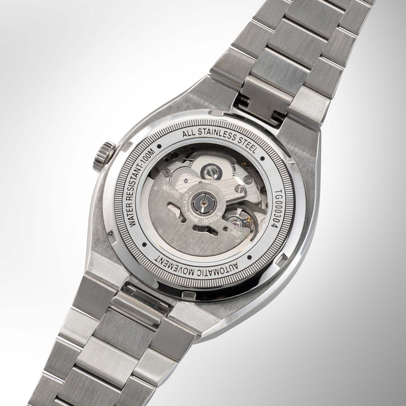 Epoch watch stainless steel band with polished links, see-through case back with automatic movement