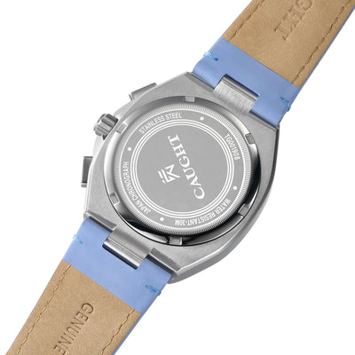 Stainless steel caseback of Aeris with engraved logo and light blue leather strap chronograph 