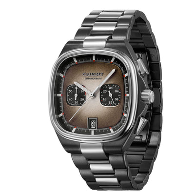 Aeris chronograph watch with retro cushion case, dual subdials and gradient black dial