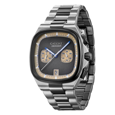 Aeris chronograph watch with retro cushion case, dual subdials and gradient gray dial