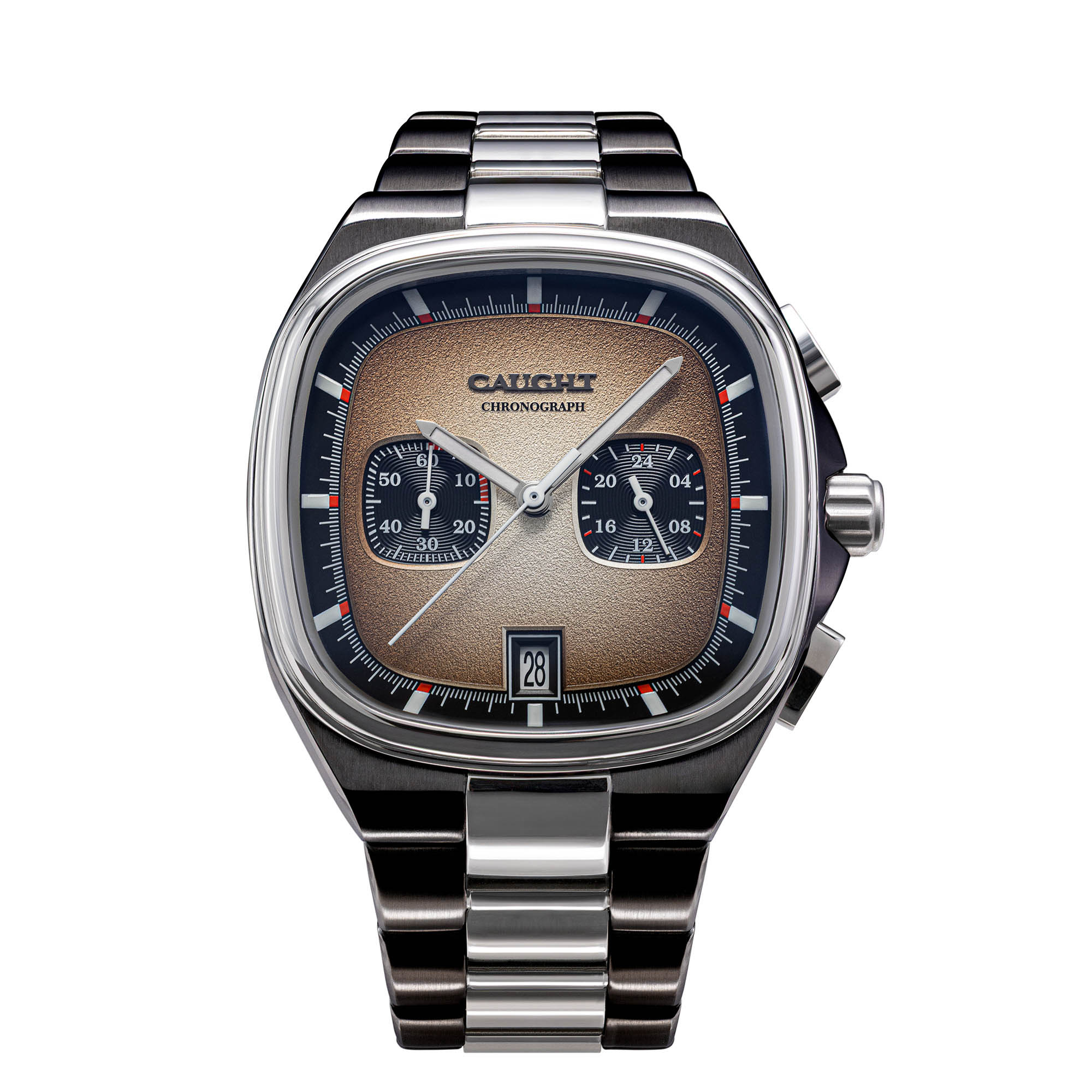 Aeris black dial chronograph watch with Asphalt track textured dial and date window. Stainless steel case+ watch strap