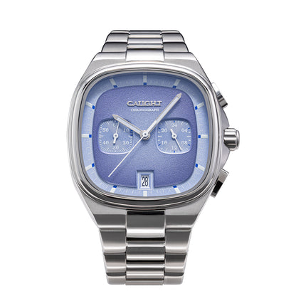 Aeris light blue dial chronograph watch with Asphalt track textured dial and date window. Stainless steel case+ watch strap