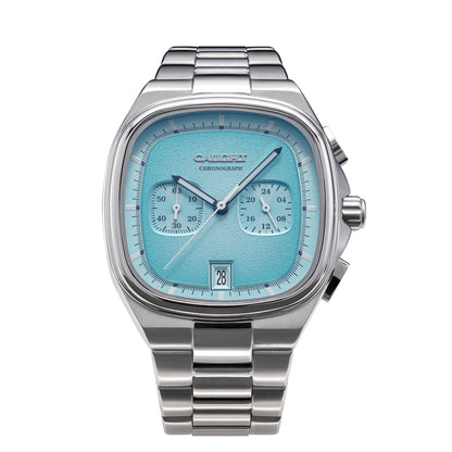 Aeris baby blue dial chronograph watch with Asphalt track textured dial and date window. Stainless steel case+ watch strap