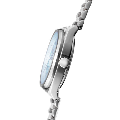 Epoch watch-polished stainless steel crown and case side.