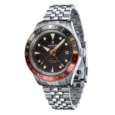 Nomad-Gold/Red GMT men's watch with silver steel bracelet, luxury design under $200.