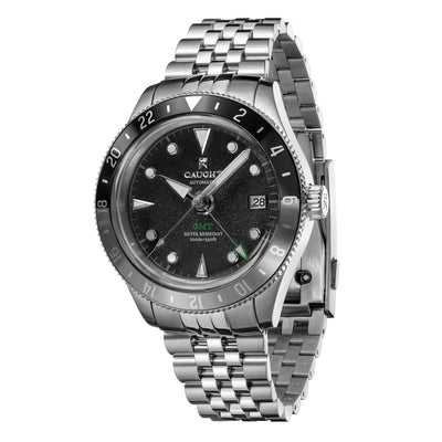 Nomad-Black GMT men's watch with silver steel bracelet, automatic movement, Sport & Business style.