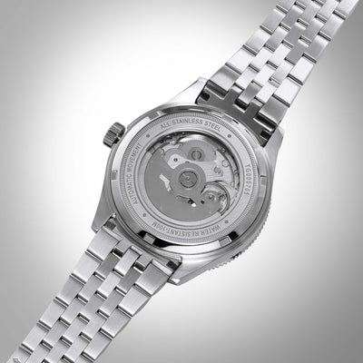 Nomad- Blue/Red GMT watch, mechanical movement,100m water resistant, transparent case back.