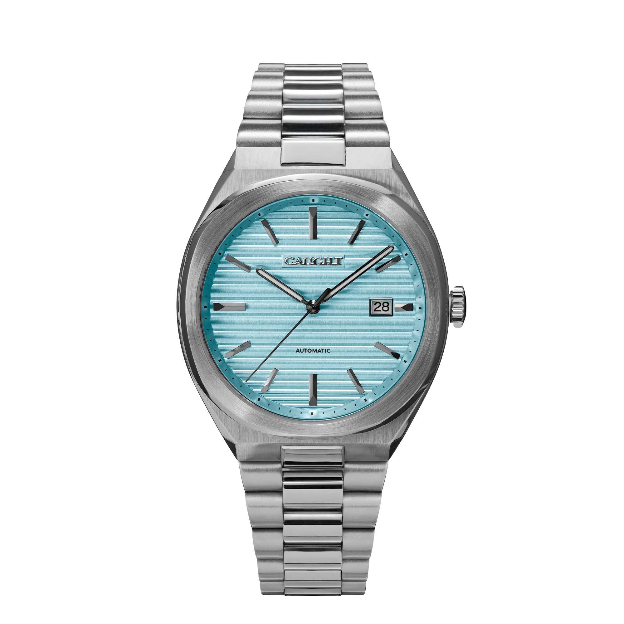 Epoch affordable vintage men wristwatch with a deep ridged baby blue dial pattern and a steel bracelet.