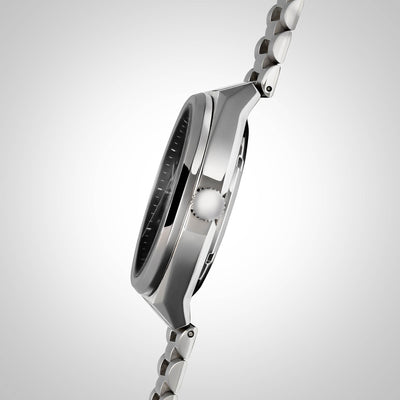 Epoch black watch with polished crown and brushed stainless steel case